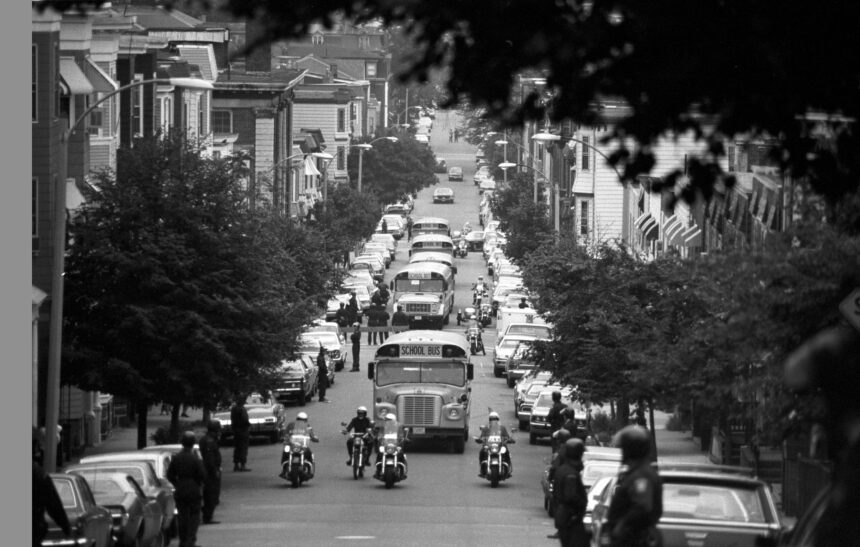 Boston Busing 50th Anniversary Police Escort Bus South Boston 1974.jpg