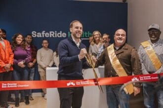 SafeRide Health CEO and Co-Founder Robbins Schrader performs ribbon-cutting ceremony in honor of new San Antonio headquarters.