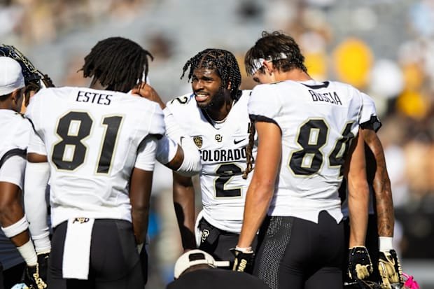 Oct 7, 2023; Tempe, Arizona, USA; Colorado Buffaloes quarterback Shedeur Sanders (2) in the huddle with teammates against the