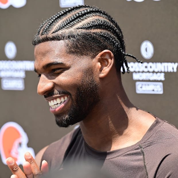 Jun 10, 2025; Berea, OH, USA; Cleveland Browns quarterback Shedeur Sanders (12) talk to the media during minicamp at CrossCou