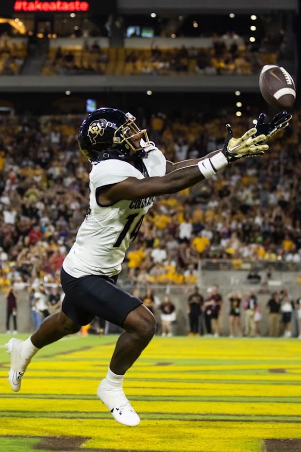 Oct 7, 2023; Tempe, Arizona, USA; Colorado Buffaloes wide receiver Omarion Miller (14) against the Arizona State Sun Devils a