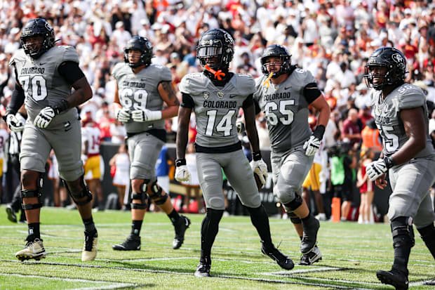 Sep 30, 2023; Boulder, Colorado, USA; Colorado Buffaloes wide receiver Omarion Miller (14) celebrates his touchdown during th
