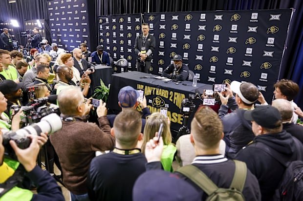 Apr 4, 2025; Boulder, CO, USA; Colorado Buffaloes head coach Deion Sanders speaks to the media at the University of Colorado 