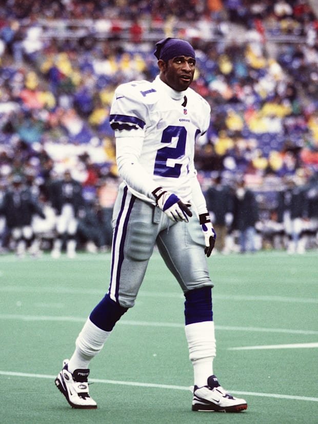 Oct 26, 1997; Philadelphia, PA, USA; FILE PHOTO; Dallas Cowboys defensive back Deion Sanders (21) walks off the field during 