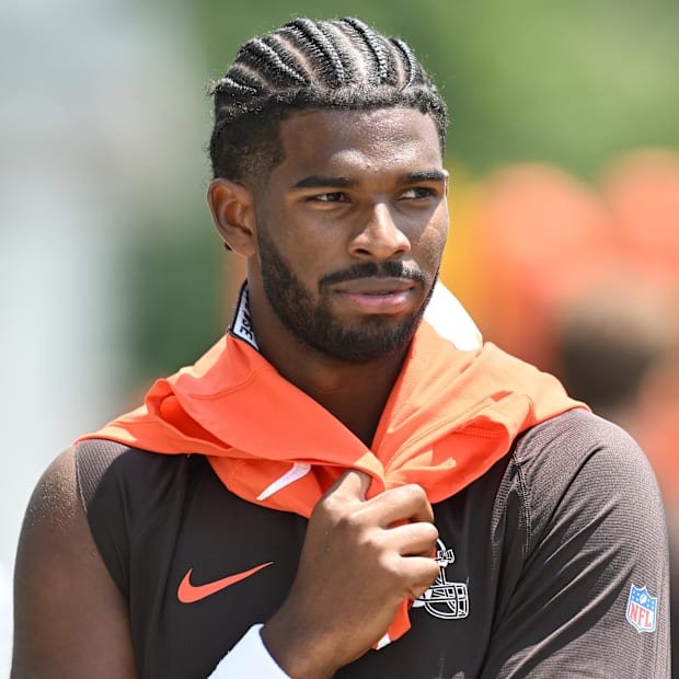 Jun 10, 2025; Berea, OH, USA; Cleveland Browns quarterback Shedeur Sanders (12) walks off the field during minicamp at CrossC