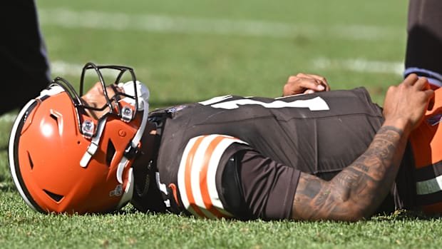 Oct 1, 2023; Cleveland, Ohio, USA; Cleveland Browns quarterback Dorian Thompson-Robinson (17) reacts in the third quarter aga