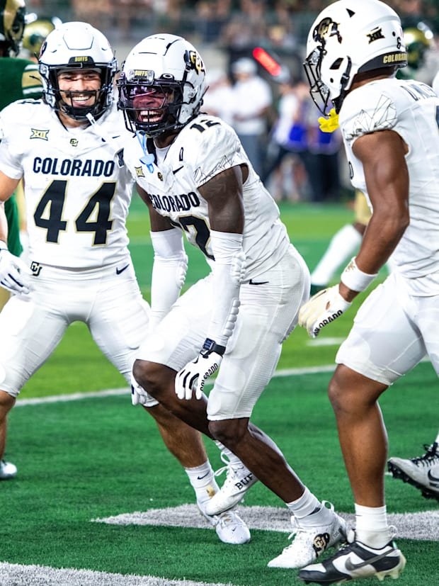 CU football athlete Travis Hunter (middle) hits the Griddy after scoring a touchdown against CSU in the Rocky Mountain Showdo