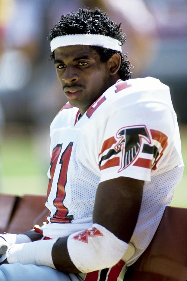 Sep 17, 1989; Atlanta, GA, USA; Atlanta Falcons defensive back Deion Sanders (21) on the sideline against the Dallas Cowboys 