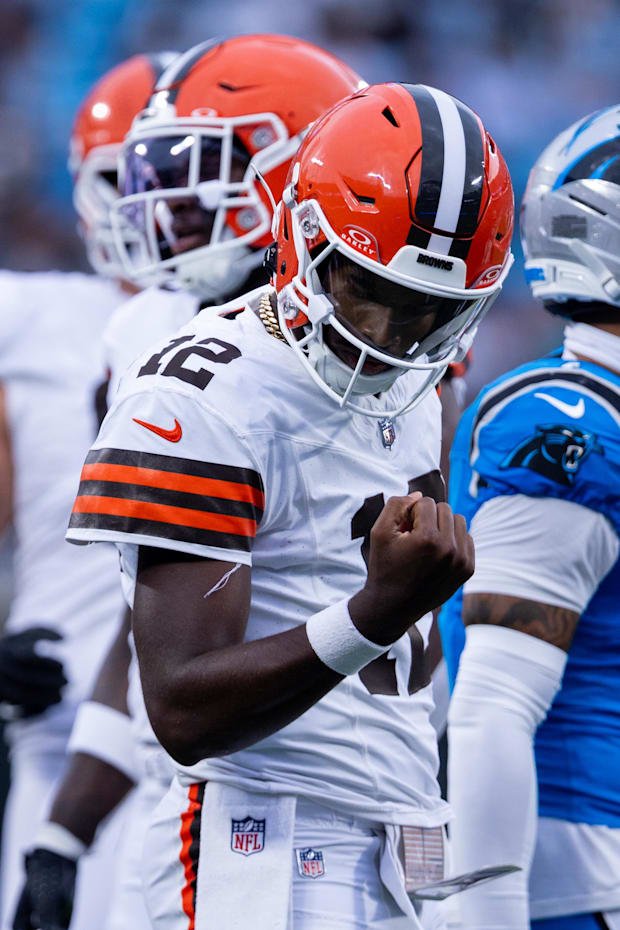 Aug 8, 2025; Charlotte, North Carolina, USA; Cleveland Browns quarterback Shedeur Sanders (12) celebrates a first down agains