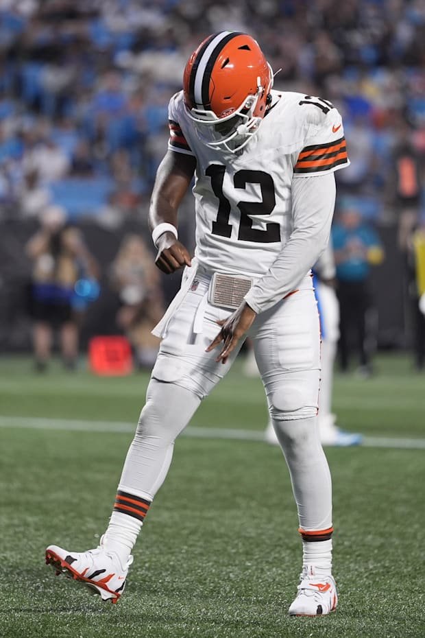 Aug 8, 2025; Charlotte, North Carolina, USA; Cleveland Browns quarterback Shedeur Sanders (12) celebrates his touchdown pass 
