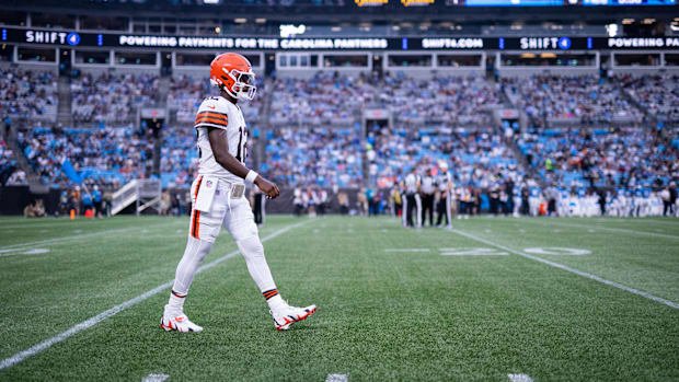 Aug 8, 2025; Charlotte, North Carolina, USA; Cleveland Browns quarterback Shedeur Sanders (12) gets ready to go in during the
