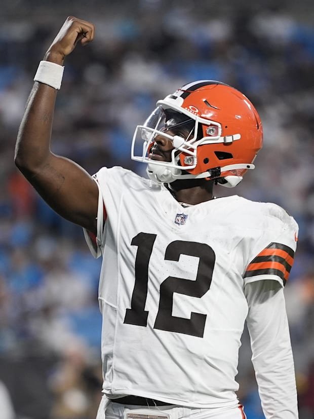 Aug 8, 2025; Charlotte, North Carolina, USA;  Cleveland Browns quarterback Shedeur Sanders (12) celebrates his touchdown pass
