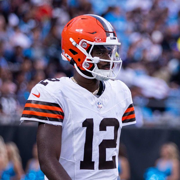 Aug 8, 2025; Charlotte, North Carolina, USA; Cleveland Browns quarterback Shedeur Sanders (12) walks the sideline during the 
