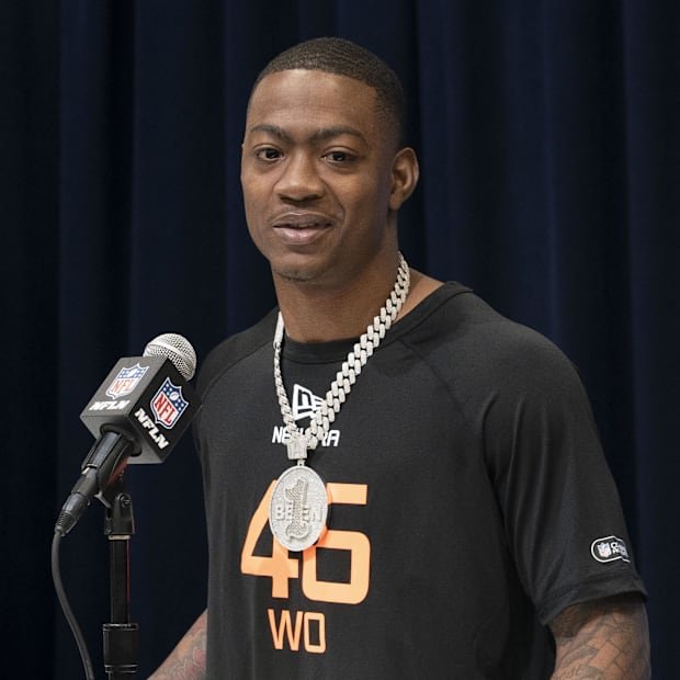 Feb 28, 2025; Indianapolis, IN, USA; Colorado wideout Lajohntay Wester (WO46) talks to the press during the 2025 NFL Combine 