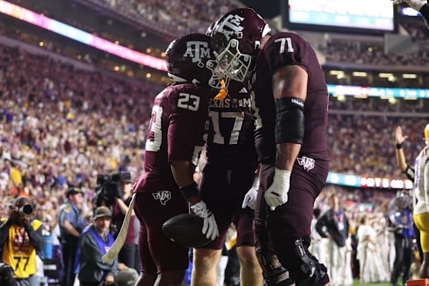 Oct 25, 2025; Baton Rouge, Louisiana, USA; Texas A&M Aggies running back Jamarion Morrow (23) celebrates with offensive l