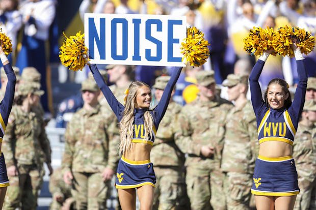 Nov 8, 2025; Morgantown, West Virginia, USA; West Virginia Mountaineers cheerleaders perform during the first quarter against