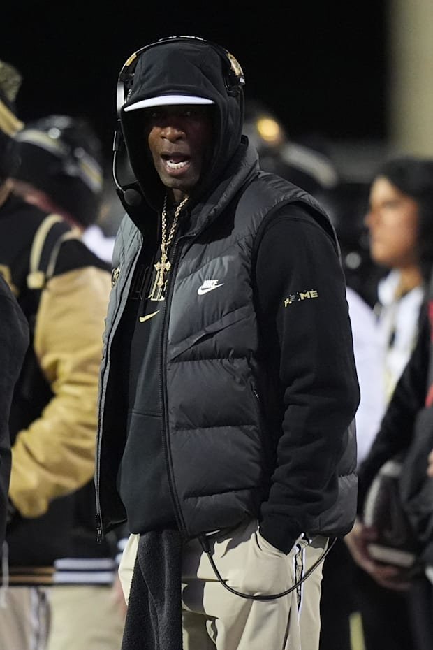 Nov 22, 2025; Boulder, Colorado, USA; Colorado Buffaloes head coach Deion Sanders on the sidelines in the first quarter again
