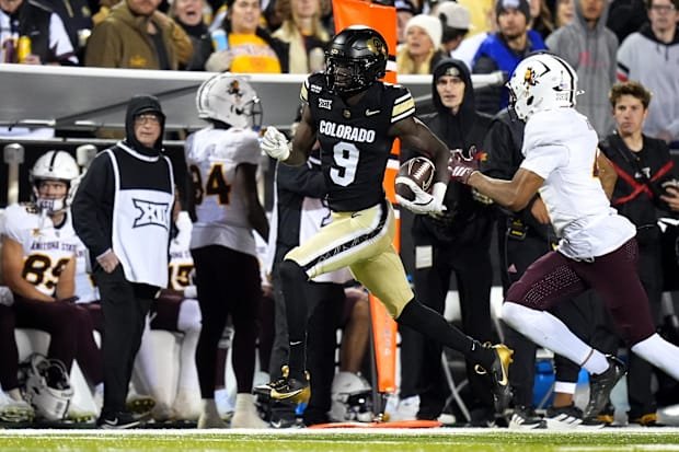 Nov 22, 2025; Boulder, Colorado, USA; Colorado Buffaloes wide receiver Sincere Brown (9) runs down the sidelines in the fourt