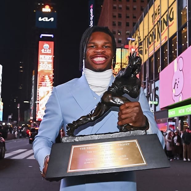 Dec 14, 2024; New York, NY, USA; Colorado Buffaloes wide receiver/cornerback Travis Hunter after winning the 2024 Heisman Tro