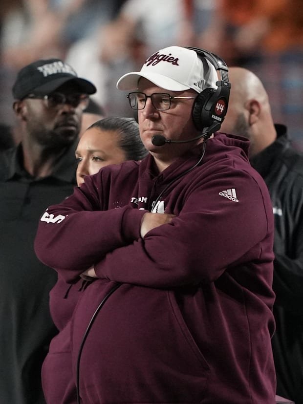 Nov 28, 2025; Austin, Texas, USA; Head coach Mike Elko watches the first half of play against the Texas Longhorns at Darrell 